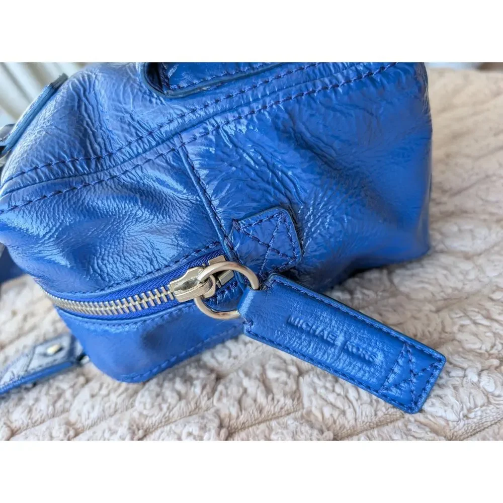 Michael Kors Royal Blue Patent Leather Ranger Satchel Purse Large Silver Y2K